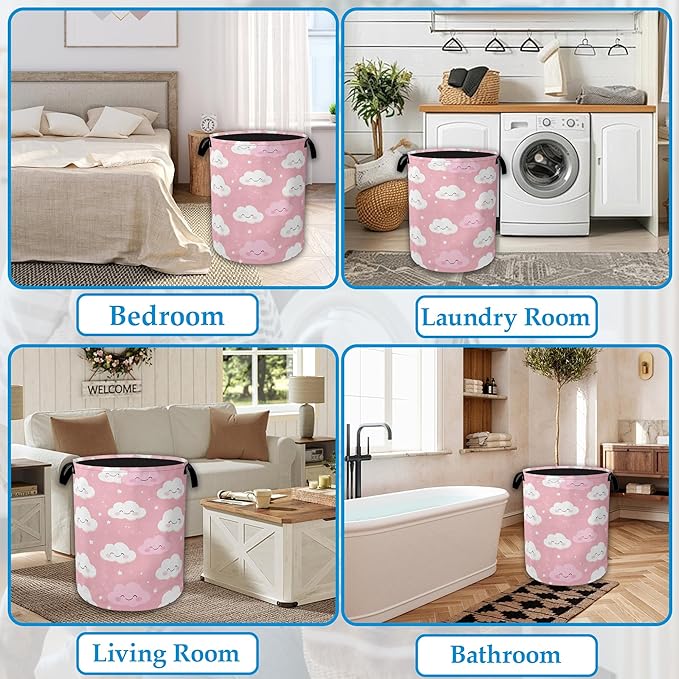 Pink Cloud Laundry Basket Oxford Cloth Laundry Hamper With Handle, Foldable Portable Clothes Storage Baskets for Bathroom, Bedroom, Dormitories 16" X 20.8"