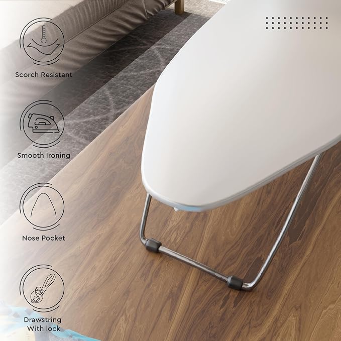 Encasa XO Ironing Board Cover and Pad 28"x12" - Thick 2mm Foam Padding, Drawstring Tightening & Lock, Heat Reflective, Scorch & Stain Resistant, Mini Ironing Board - Silver Premium