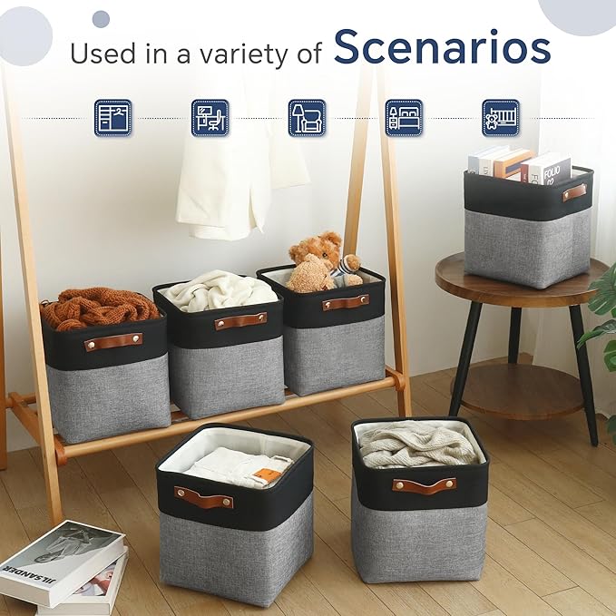 Cube Storage Baskets 6 Pack, 11x11 inch Cube Storage Bins with Leather Handles for Shelf Closet (Black/ Gray)