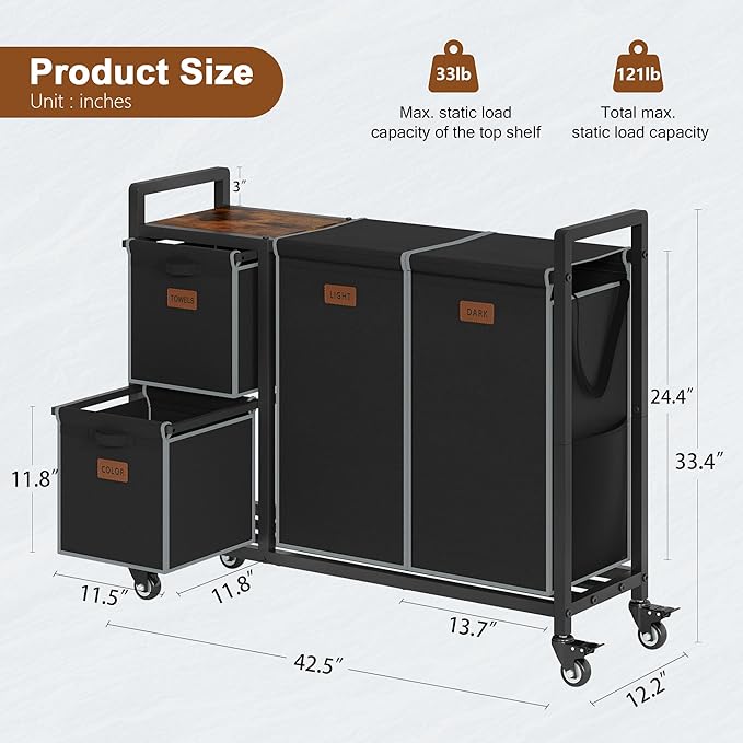 Hoctieon 4 Section Laundry Cart, 48 Gal. (182L) Laundry Hamper with Lid, Laundry Basket with Wheels, Rolling Laundry Sorter Organizer with Shelf, Clothes Separator with Removable Bags, Black
