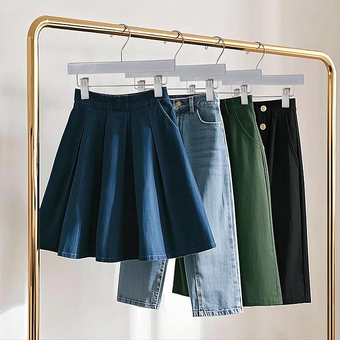 Quality Hangers Wooden Pants Hangers - 120-Pack Swivel Hook Cloth Hanger Set - Lotus Wood Skirt, Pant, Shorts and Slack Hangers with Adjustable Clip – Grey Clothing Hanger Set (Gray, 120)