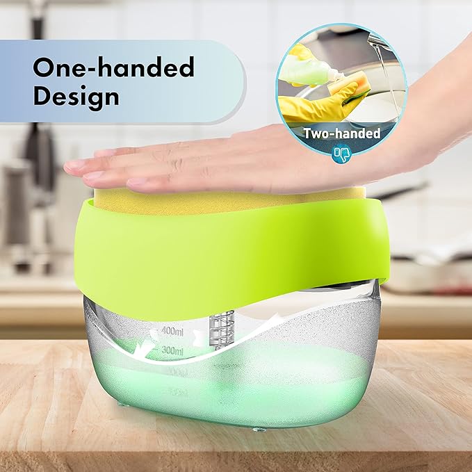 Dish Soap Dispenser with Sponge Holder for Kitchen Sink, 2 in 1 Soap Pump Dispenser Set, Useful Dishwashing Liquid Dispenser for Kitchen Countertop to Save Soap (Yellow)