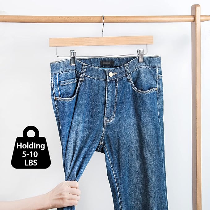 Nature Smile Deluxe Wooden Pants Hangers,Solid Lotus Wood Jeans Skirt Hanger with Clips Anti-Rust Hook Pack of 28（Natural）