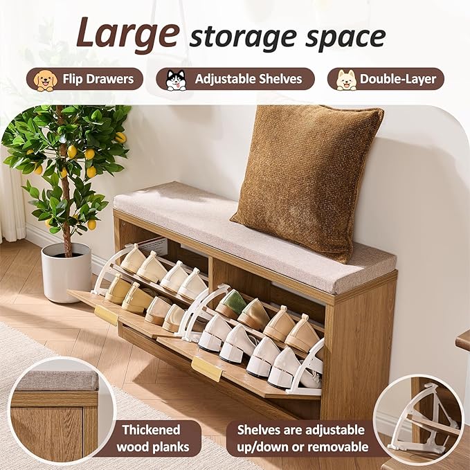 Rattan Narrow Entryway Bench with Shoe Storage, 2 Flip Drawers & Coat Rack, Mid-Century Modern Wood Shoe Cabinet with Seat Cushion for Foyer/Hallway (Rustic Oak Rattan)