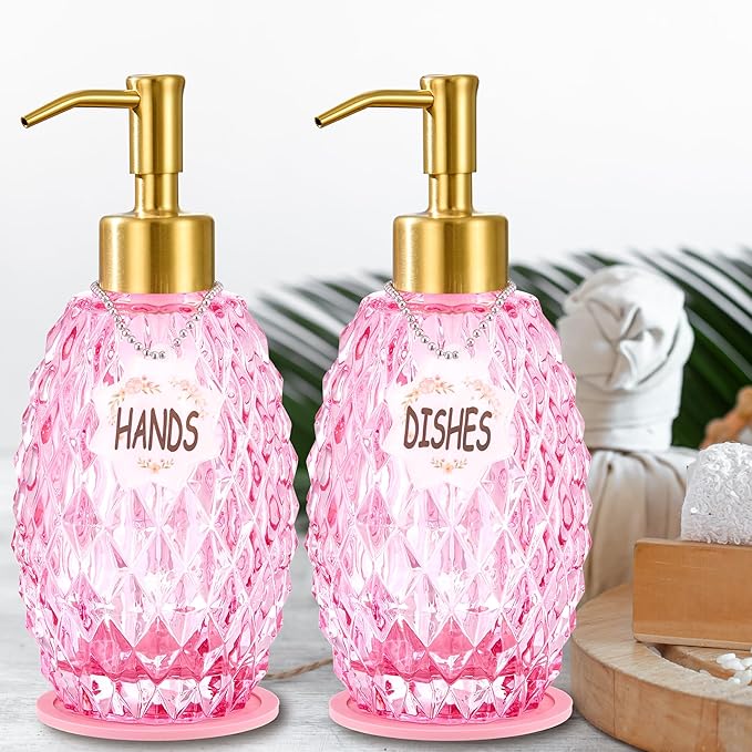 MALACHI Soap Dispenser Set, Crystal-Textured Diamond Glass with Rustproof Stainless Steel Pump, Dual-Labelled Hand & Dish Soap Dispenser for Kitchen & Bathroom