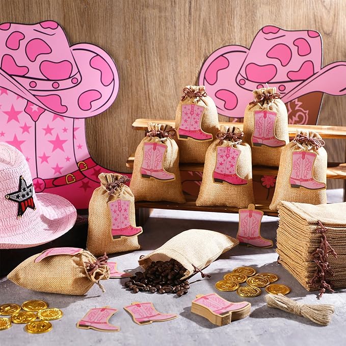 Mooliwe 50 Pcs Burlap Drawstring Bags with Boot Shape Tags, Western Cowgirl Gift Sacks Bulk 4 x 6 Inches Reusable Burlap Candy Pouch for Bachelorette Cowboy Baby Shower Wedding Party Favor(Pink)