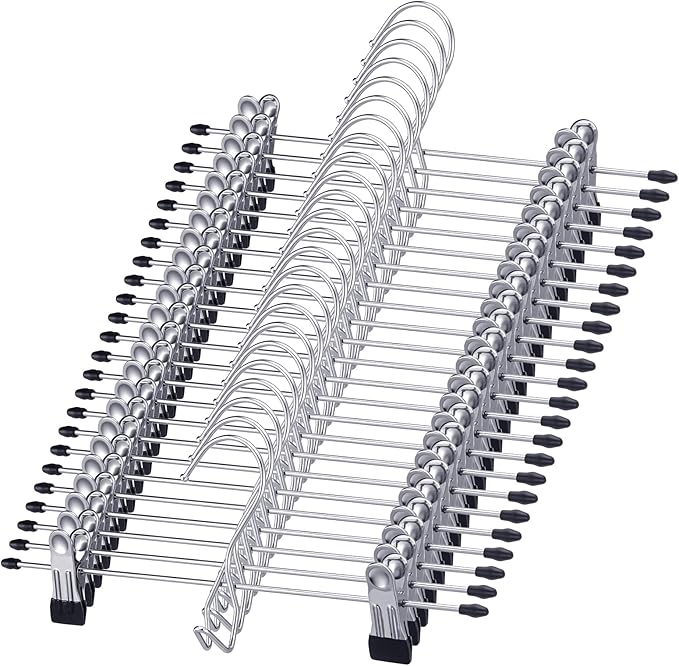 24PCS Pants Hangers with Clips, Heavy Duty Adjustable Space Saving Skirt Clips Stackable Non-Slip Metal Hanging Closet Organizer College Dorm Apartment Room Essentials for Shorts Jeans Trousers