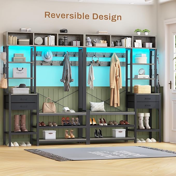Itaar Hall Tree with Bench and Shoe Storage, 7-in-1 Entryway Bench with Coat Rack, 3 Storage Cubbies, 3 Open Shelves, 17 Coat Hooks, 2 Fabric Drawers (Oak Grey)