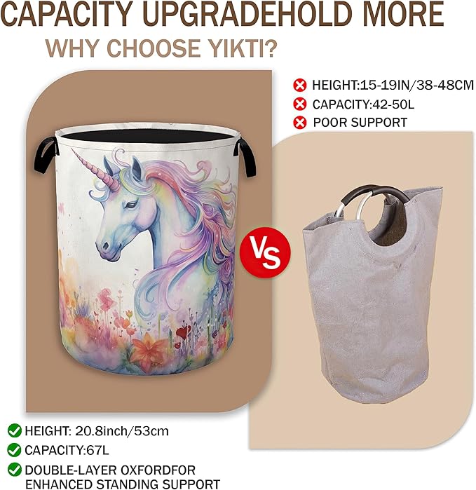 Watercolor Unicorn Laundry Hamper,Girls Colorful Flower Clothes Hamper for Laundry,Waterproof Oxford Toy Storage Collapsible Hampers for Bedroom, Dorm Room,Bathroom,16x20 Inch