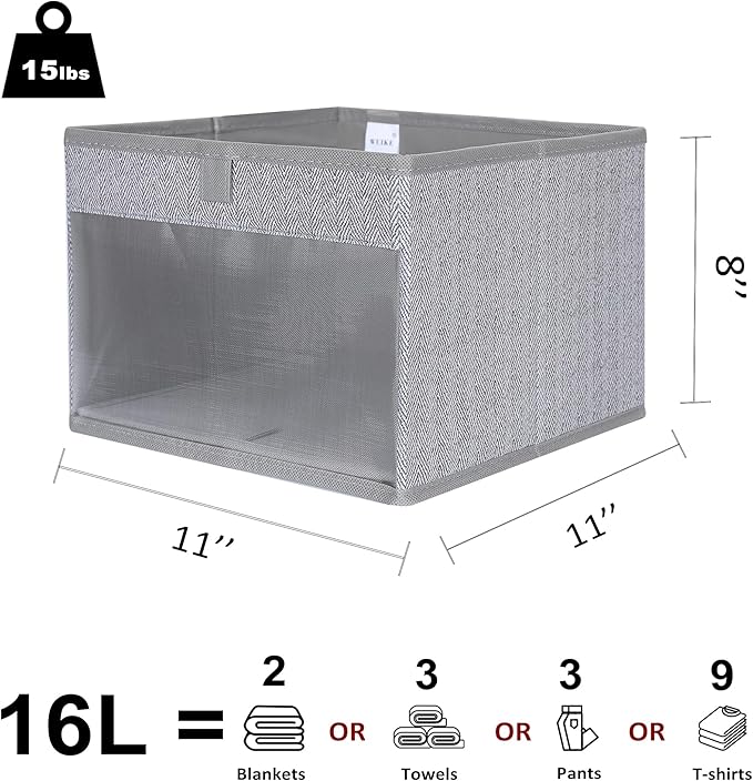 WUIKE Closet Storage Bins, Medium Storage Boxes with Clear Window, Fabric Storage Baskets for Organizing Clothes, Sheets, Blankets, Decorative Storage Bins, Herringbone Gray