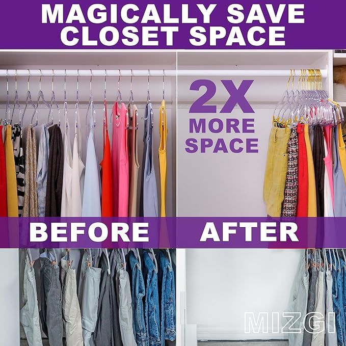 MIZGI Slim Clear Gold Pants & Skirt Hangers (20 Pack) – Adjustable Clips & Hooks, Transparent Non-Felt, Space-Saving for Dresses, Shirts, Blouses
