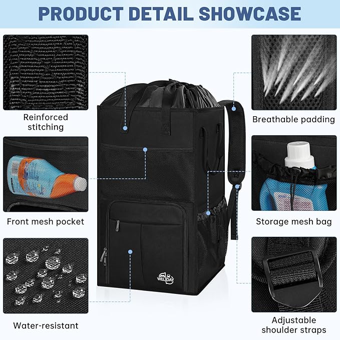 95L Laundry Backpack Bag with 3 Sizes Mesh Wash Bags Empty, Extra Large 2 in 1 Laundry Hamper Basket with Shoulder Straps, Freestanding Laundry Bag for College Dorm, Laundromat, Apartment (Black)