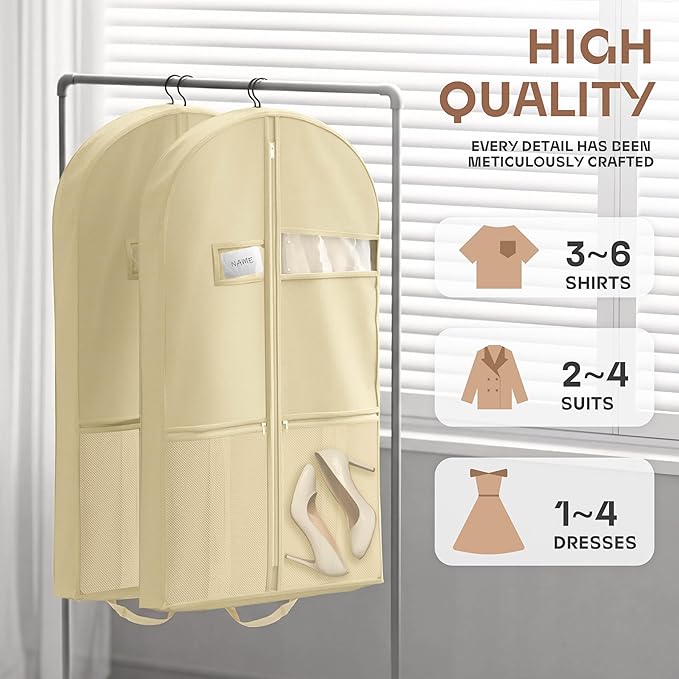 43" Travel Garment Bag with Accessories Zipper Pocket, Heavy Duty Suit Bag for Suits, Tuxedos, Dresses, Coats, Beige, 1 pack