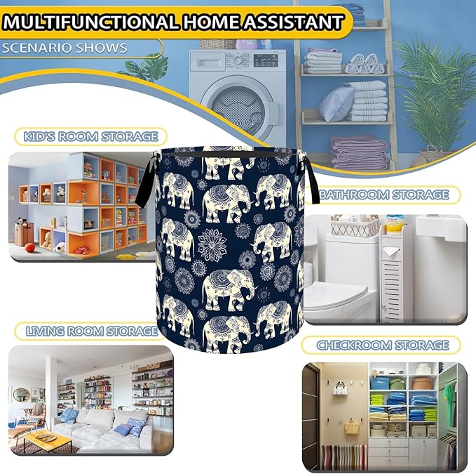 Retro Elephant Mandala Laundry Basket,Boho Dirty Clothes Hamper,Ethnic Animal Storage Bin Gifts,Foldable Waterproof Oxford Cloth Baskets for Bathroom,Bedroom,Home Decoration(19.7" x 15.8")
