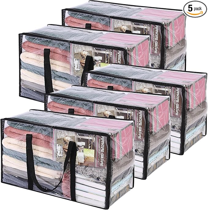 Vieshful 5 Pack Clear Comforter Storage Bag, 60L Clothes Storage Bag with Zipper Closet Organizer, Plastic Storage Containers Moving bags for Comforter, Blanket, Bedding, Duvet, Toys