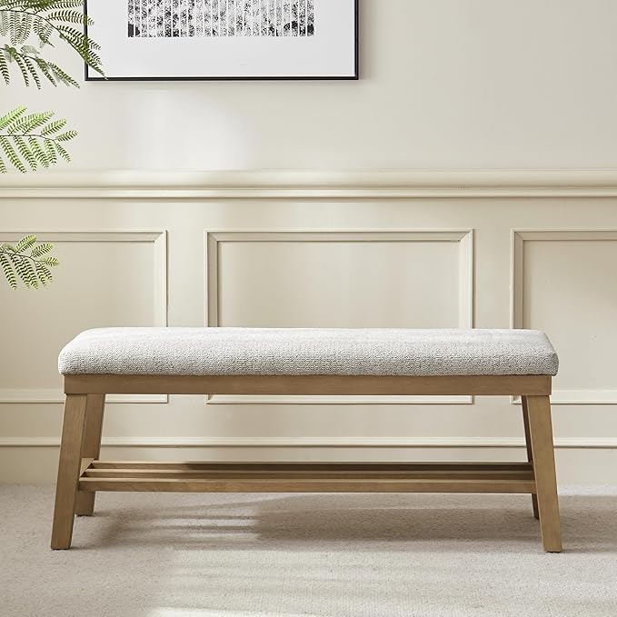 VKNOW Entryway Bench, 44.4" Upholstered Storage Shoe Bench for Entryway & Bedroom, Shoe Rack Bench with Rubberwood Legs, Modern End of Bed Bench for Living Room and Hallway, Beige