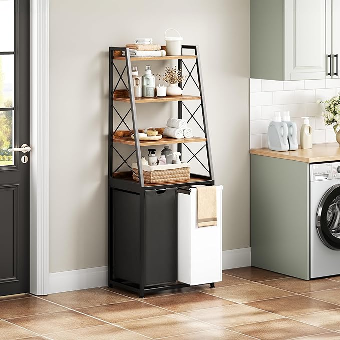 Laundry Basket, 2 Section Laundry Hamper with 4 Tiers Shelf, Pull-Out and Removable Laundry Bags, Large 2 x 15.87 Gallons, for Bedroom Bathroom Rustic Brown PF11XLN