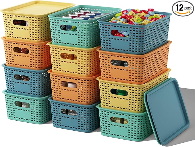 Plastic Storage Basket with Lids 12 Pack Stackable Colorful Storage Bins Containers with Lid, Decorative Storage Boxes for Organizing Shelves, Drawers, Playroom, Classroom, Office, Closet