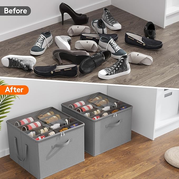 Lifewit Shoe Storage Organizer for Closet, Fabric Large Shoe Box Storage Containers with Clear Cover, Foldable Bins for Boots Heels Sneakers Fits 12-16 Pairs, 1 Pack Light Gray