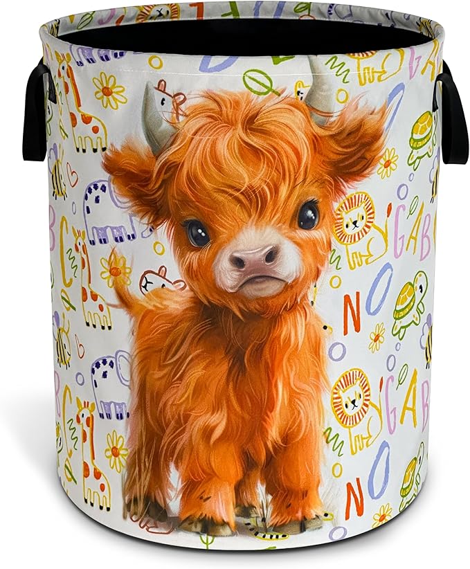 Cute Highland Cow Laundry Basket Calf Foldable Waterproof Oxford Cloth Funny Tote Bag Laundry Hamper Clothes Storage Bucket Toy Organizer For Bathroom/Laundry Storage/Bedroom 18.9x16.5 Inch