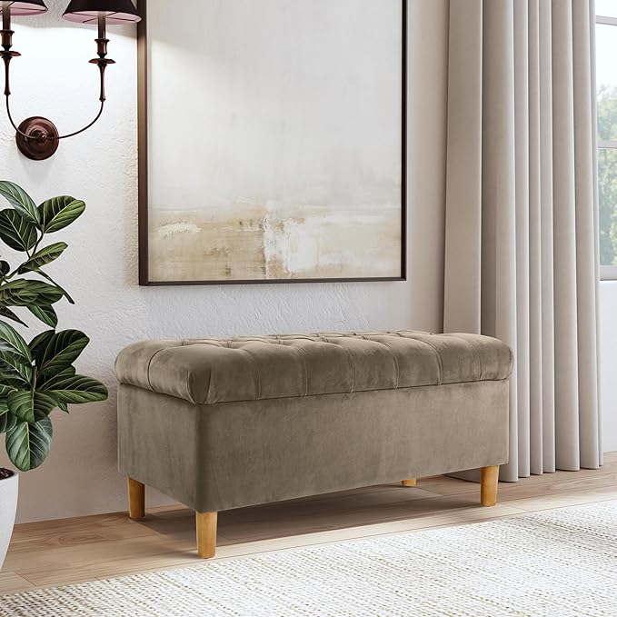 Homepop Home Decor | Tufted Ainsley Button Storage Ottoman Bench with Hinged Lid | Ottoman Bench with Storage for Living Room & Bedroom,Fawn Velvet