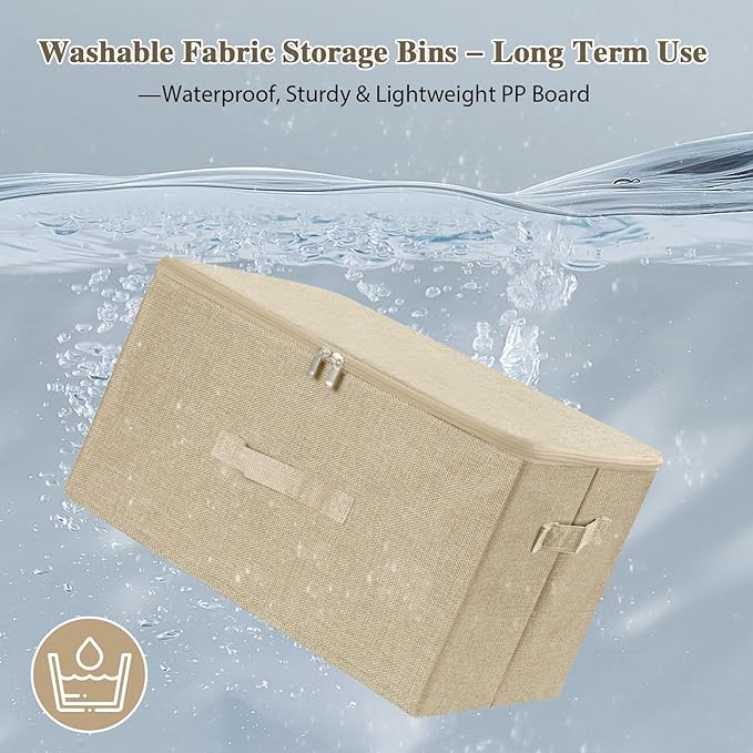 ANMINY 3PCS Storage Bins with Zipper Lids 13 Qt Lidded Fabric Storage Boxes Baskets Cubes with Handles Collapsible Washable Cotton Linen Closet Shelf Clothes Organizer Containers - Beige, Small