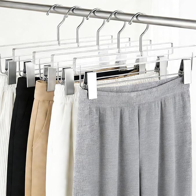 Besser Acrylic Pants Hanger 10 Pcs,Clear Acrylic Hangers with Bright Silver Clips，Lxurious Skirt Pants Hangers Clips for Clothing Closet Storage