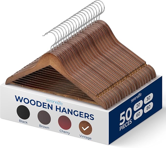 SereneLife Wooden Hangers 50 Pieces Heavy Duty Vintage Finish Clothes Hanger Set with 360° Swivel Hook Non Slip Notches Pants Bar Elegant Space Saving Wardrobe for Closet Organization