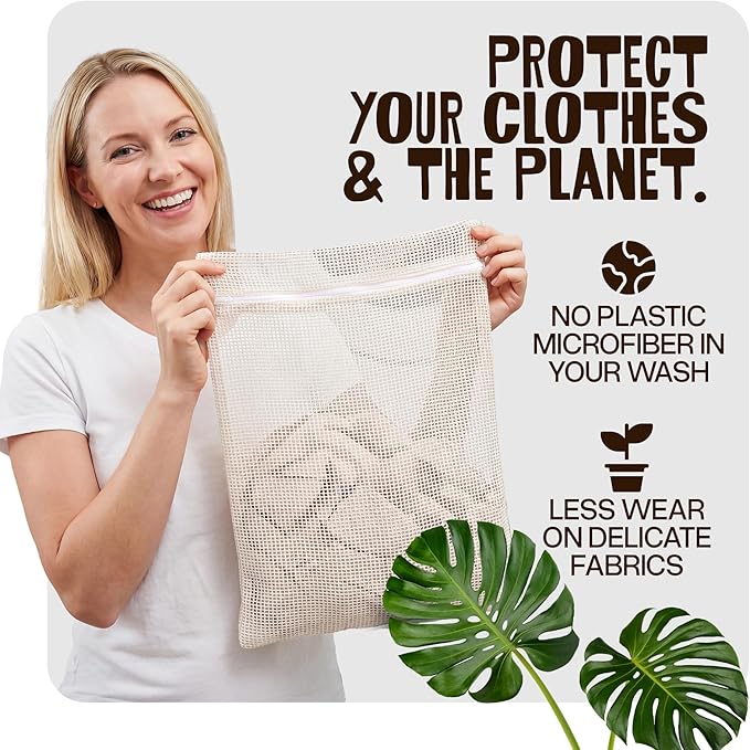WoollyPals Large Cotton Mesh Laundry Bags (16" x 20") – 2-Pack with Drawstring Storage Pouch – Washer & Dryer Safe, Durable Zipper, Breathable Mesh for Clothes, Delicates, Underwear, Shoes & Lingerie