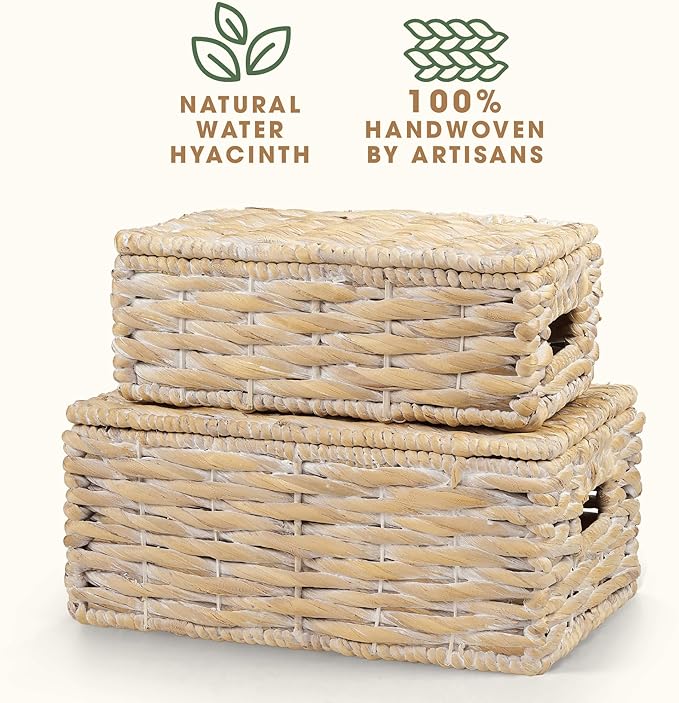 Set of 2 White Wicker Baskets with Lid