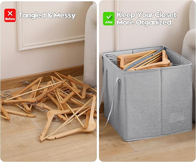 Qozary Clothes Hanger Organizer Bag-Rigid Hanger Storage Containers with Lid for Dustproof, Large Hanger Holder, Sturdy Caddy Organizer Box with Handle (Gray, Large Height 17 in for Wooden Hangers)