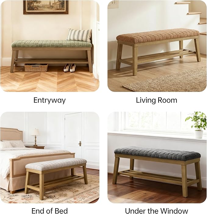 VKNOW Entryway Bench, 44.4" Upholstered Storage Shoe Bench for Entryway & Bedroom, Shoe Rack Bench with Rubberwood Legs, Modern End of Bed Bench for Living Room and Hallway, Green