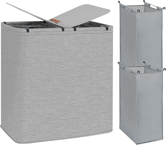 STORAGE MANIAC Double Laundry Hamper, 136L Laundry Sorter with Lid and Removable Bags, Clothes Hamper, Large 2 Section Clothes Basket with Handles for Small Space, Dorm, Closet, Bathroom, Gray
