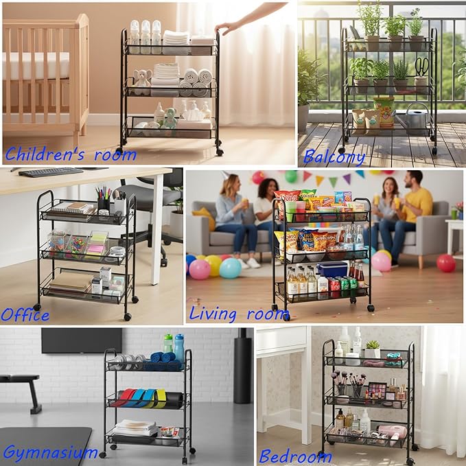 3 Tier Rolling Cart for Bathroom - Lightweight Metal Wire Storage Organizer with Wheels, Holds Toiletries & Cosmetics, Tool-Free Assembly, Black