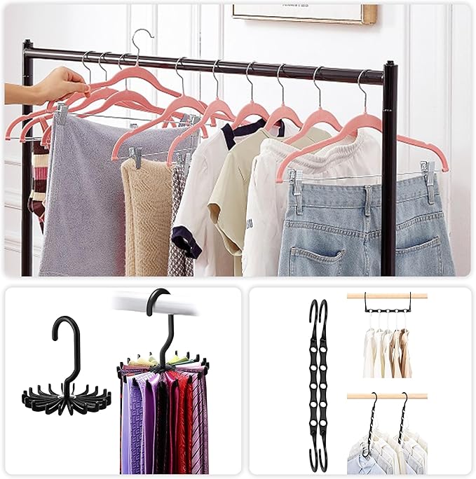 VECELO 20 Pack Velvet Clothes Hangers with Adjustable Clips,Heavy-Duty Non Slip & Space-Saving with 1 Magic Hangers & 2 Tie Rack for Suit Coat Pants Skirt Dresses