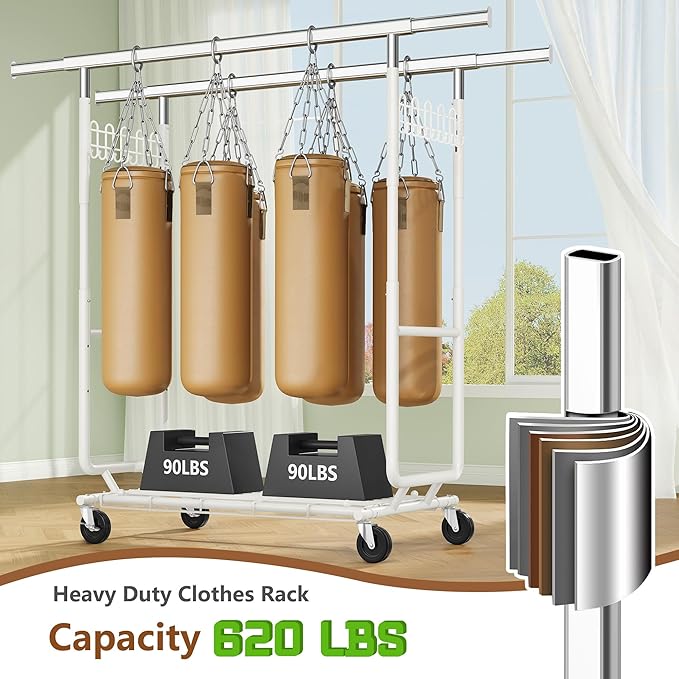 Hoctieon 2-Minute Assembly Double Rod Clothes Rack, Heavy Duty Rolling Clothing Racks with Wheels, Foldable Commercial Garment Rack, Extendable Hanging Bar, Adjustable Metal Pole with Hooks, White
