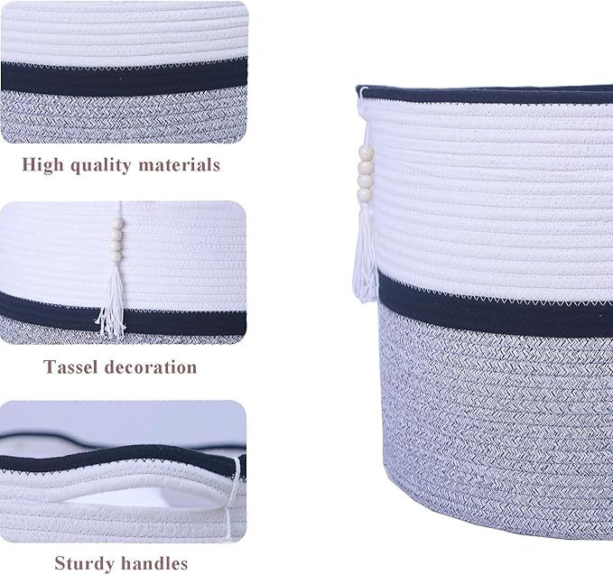 Large Woven Rope Laundry Hamper, Cotton Rope Storage Basket with Handles, Multipurpose Storage Basket for Laundry, Toys, Blankets in Bedroom, Bathroom, Living Room - Stylish & Durable (Black, 55L)