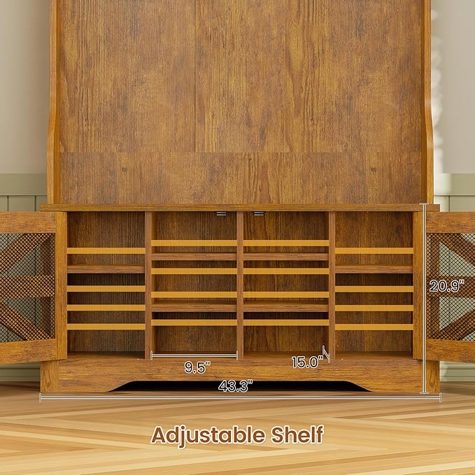 Itaar Hall Tree with Bench and Shoe Storage, 5-in-1 Entryway Bench with Coat Rack, 10 Shoe Cubbies & 9 Coat Hooks, Barn Door & Adjustable Shelf (Rustic Brown)