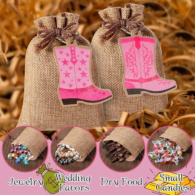 Mooliwe 50 Pcs Burlap Drawstring Bags with Boot Shape Tags, Western Cowgirl Gift Sacks Bulk 4 x 6 Inches Reusable Burlap Candy Pouch for Bachelorette Cowboy Baby Shower Wedding Party Favor(Pink)
