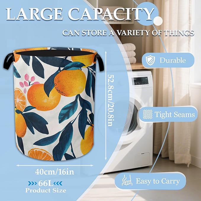 Lemon Floral Laundry Basket Collapsible Laundry Hamper with Handle, Oxford Clothes Toy Storage Bin for Bathroom Bedroom Room Decor 16" X 20.8"