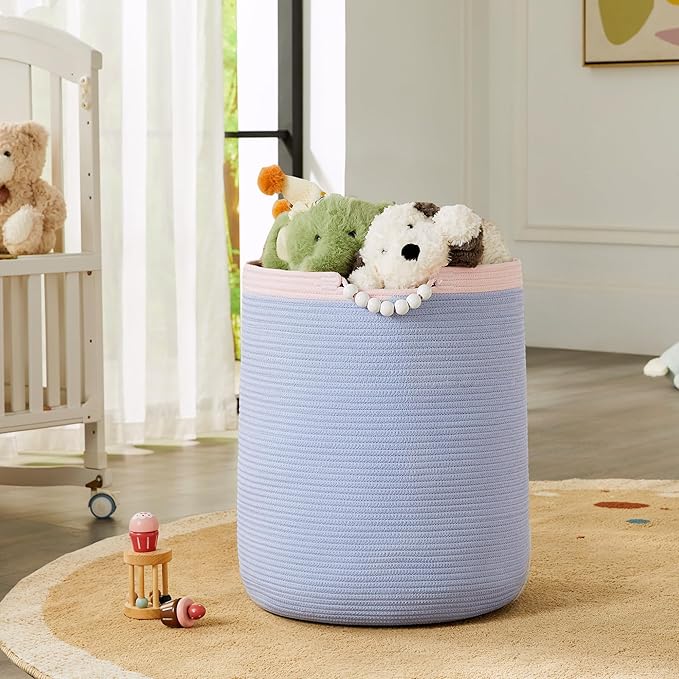 65L Blue Woven Rope Laundry Hamper Basket for Clohtes Boho Tall Rope Baskets for Blanket Large Baby Nursery Hamper for Girls Kids 16"Wide 19"Tall