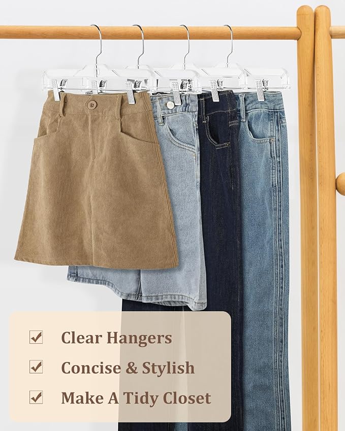 AMKUFO Pants-Hangers-with-Clips-30-Pack, 14 Inch Clear-Plastic-Skirts-Hangers-with-Adjustable-Clips for Shorts Jeans Trousers, Clothes-Hangers Non-Slip Clip-Hangers