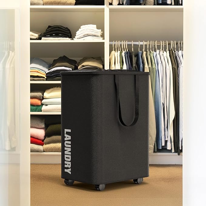 Simple Houseware Large 82L Laundry Basket with Wheels, Collapsible Waterproof Hamper with Handles and Mesh Cover, Black