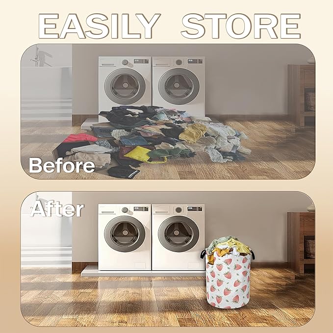 Watercolor Pink Strawberry Laundry Hamper,Green Leaves Collapsible Laundry Baskets,Waterproof Oxford Cloth Laundry Room Organization for Bedroom,Bathroom,Nursery,16x20 Inch
