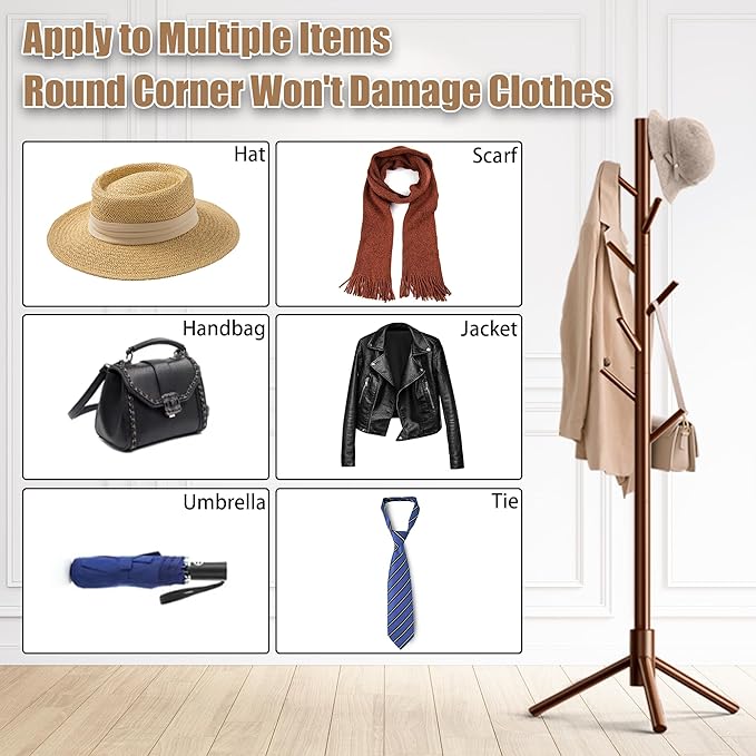 Wooden Coat Rack Stand, Freestanding Coat Rack with 8 Hooks, 3 Adjustable Size Coat Tree for Hats, Coats, Scarves bags, Coat Hanger Stand Used in Bedroom/Office/Entryway,2 PCS (Brown)