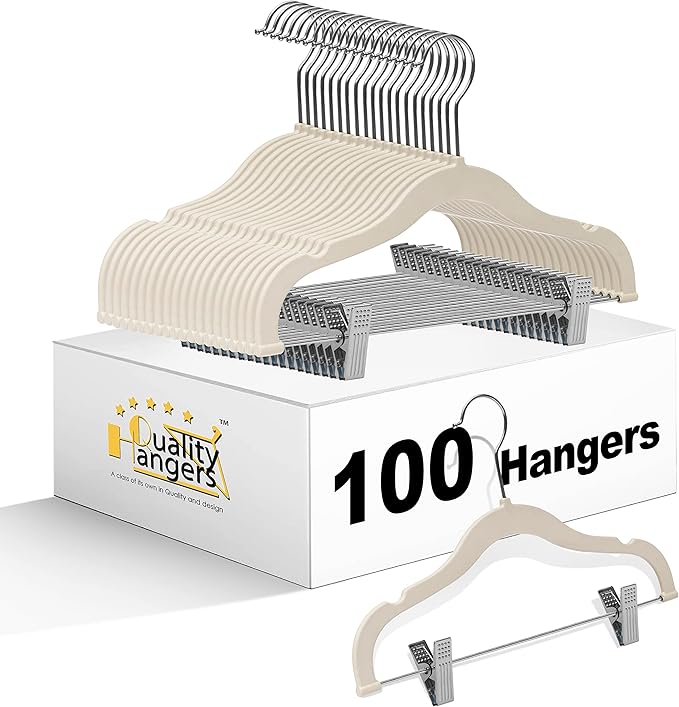 100 Quality Kids Plastic Non Velvet Non-Flocked Thin Compact Skirt Pant Coat Hangers with Metal Clips for Skirts Pants Blouses 360° Swivel Hook, Jacket, Shirt, Pants, Suit Hangers (Ivory, 100)