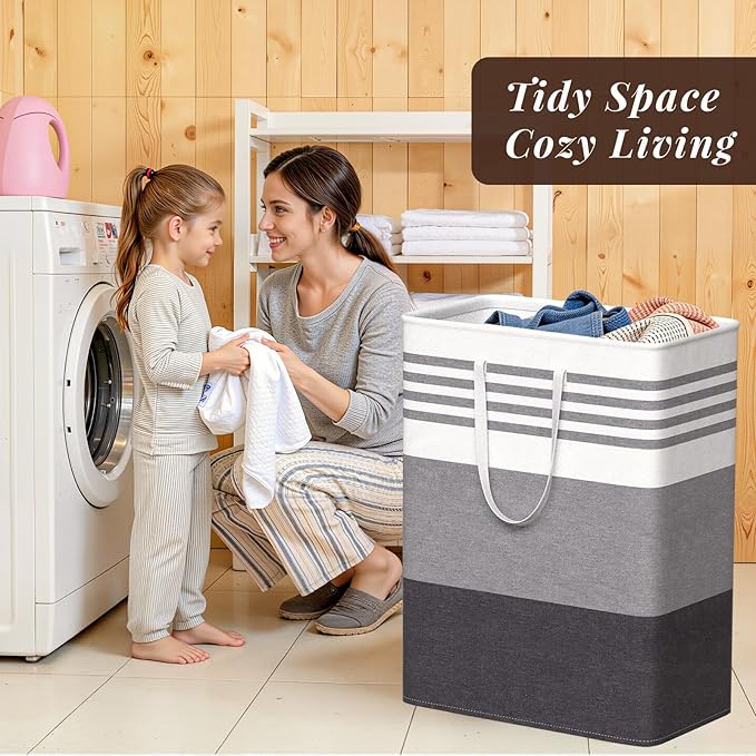 WOWBOX 2 Pack Laundry Hampers Baskets, Freestanding Dirty Clothes Hampers with Reinforced Handles & Cross Stitch & Waterproof Coating, for Laundry Bedroom Bathroom, 2 x 125L