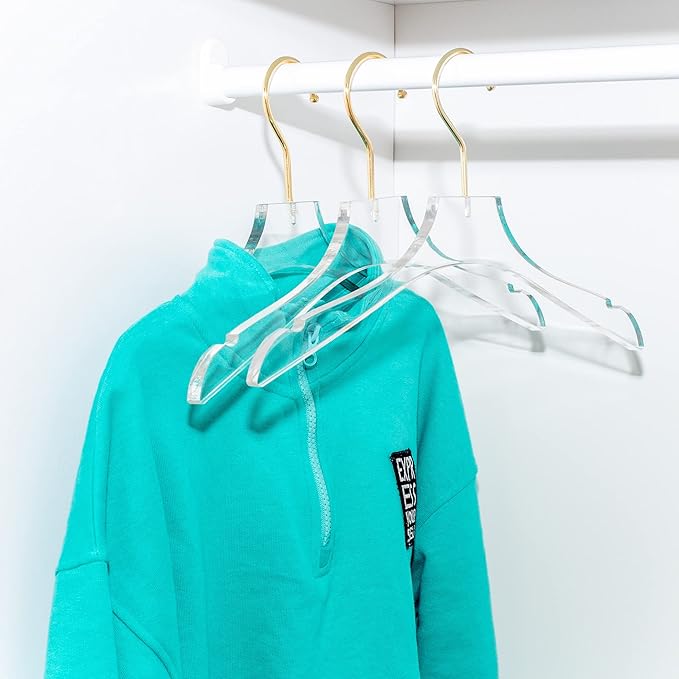 HomeCube USA Clear Acrylic Clothes Hanger with Gold Hooks – Heavy Duty Lucite Closet Organizer, Elegant & Sturdy for Shirts, Dresses, Coats, Suits & Boutique Use (5, Small 13")