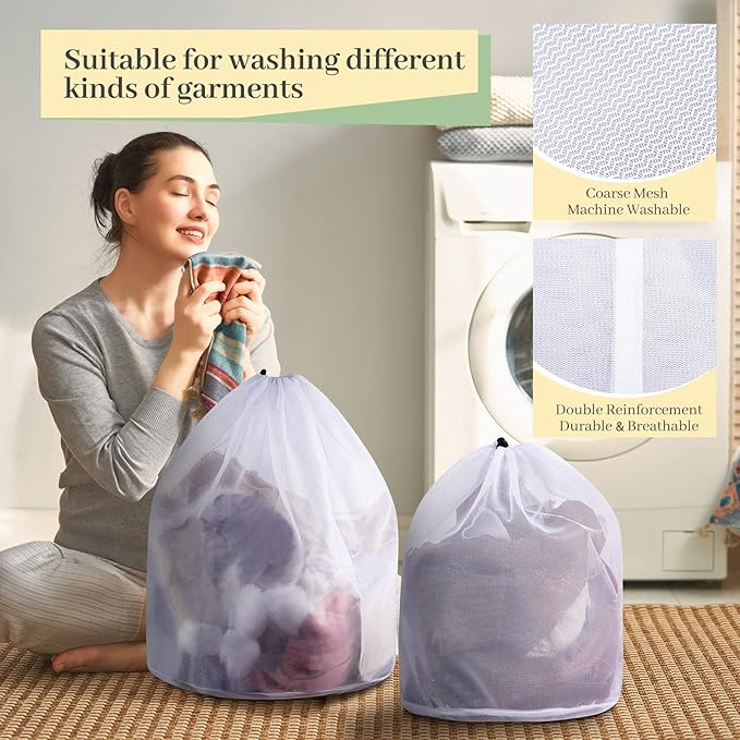 Fine Style 12 Pcs Mesh Laundry Bags with Drawstring - Heavy Duty White Mesh Bags, Machine Washable, Ideal for Delicates, College Dorm