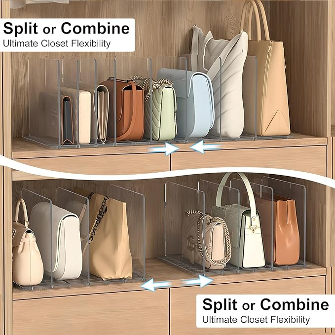 Bag & Purse Organizer for Closet: Adjustable Clear Handbag Storage Shelf - Plastic Clutch Dividers for Closet Organizers and Storage - Keep Carteras & Pocketbook Upright 3 Pack - 11Dividers